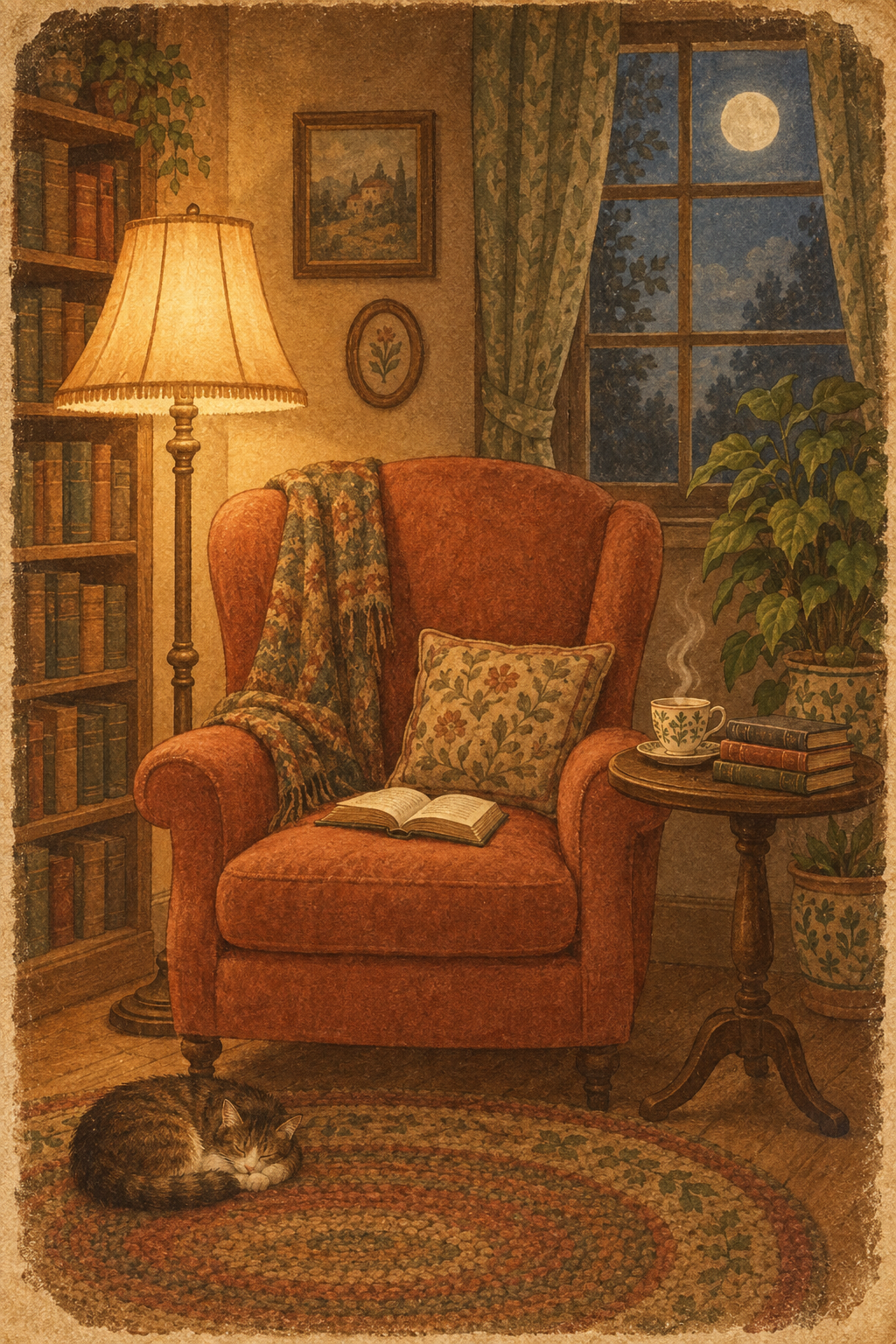 A cozy reading nook with an armchair, a book, a steaming teacup, and a glowing lamp