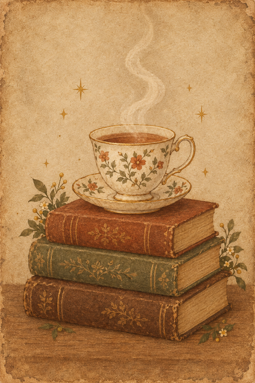 A steaming teacup resting on a stack of books